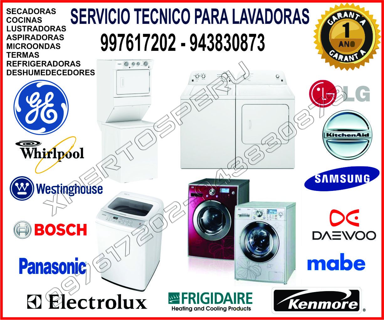 SERVICIO TECNICO PARA LAVADORAS, SECADORAS/FRIGIDAIRE, WHIRPOOL, GENERAL, WESTING HOUSE, LG, OTROS/997617202